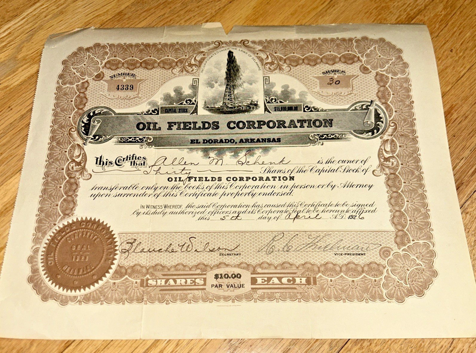 1926 Vintage Stock Certificate OIL FIELDS CORPORATION, El Dorado Arkansas