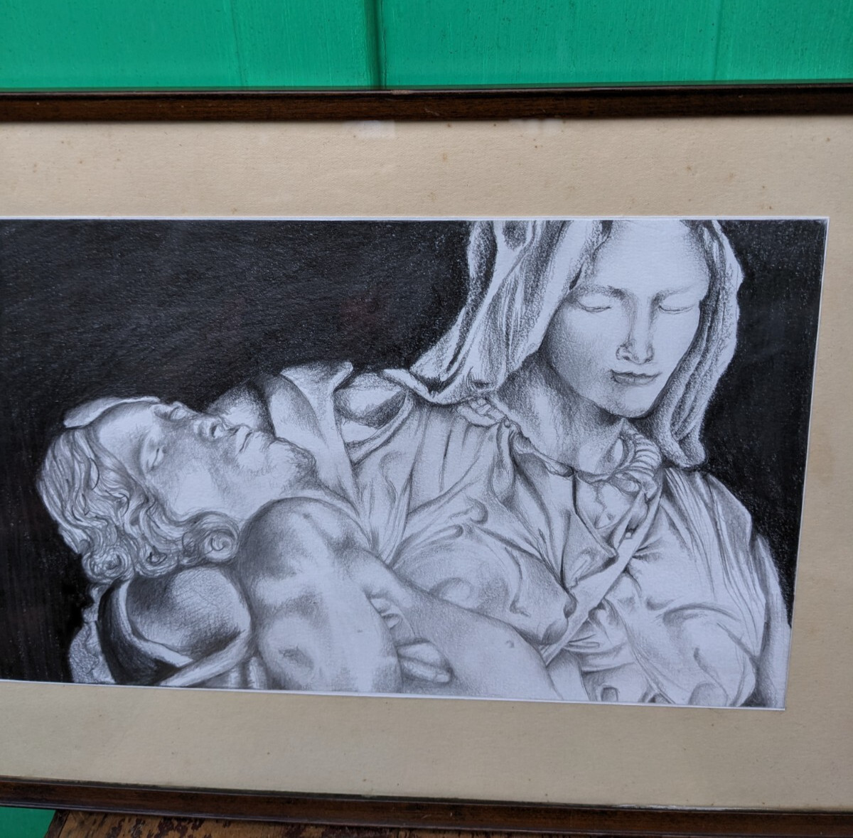 Vintage  Original Pencil Drawing Of Christ & Mother Mary