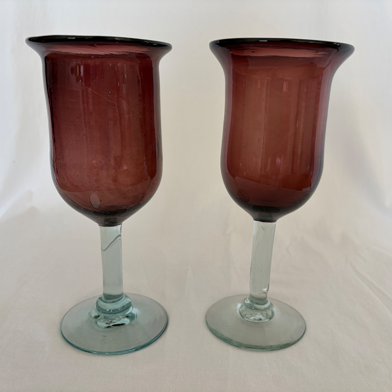 Set of 2 Hand Blown Plum Glass Goblets Stemmed Art Glass