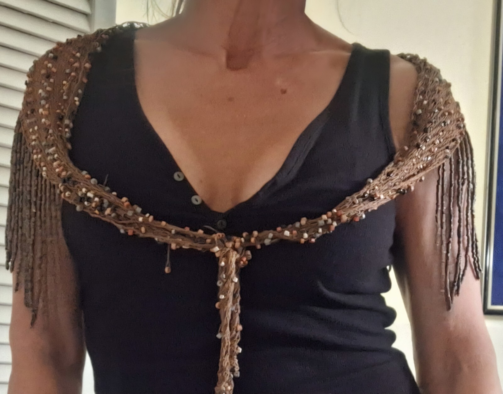 2 Vintage Bohemian Hippie Beaded,Hip,Shouler,Shrug,Shawl, 1 Brown 1 Cream 