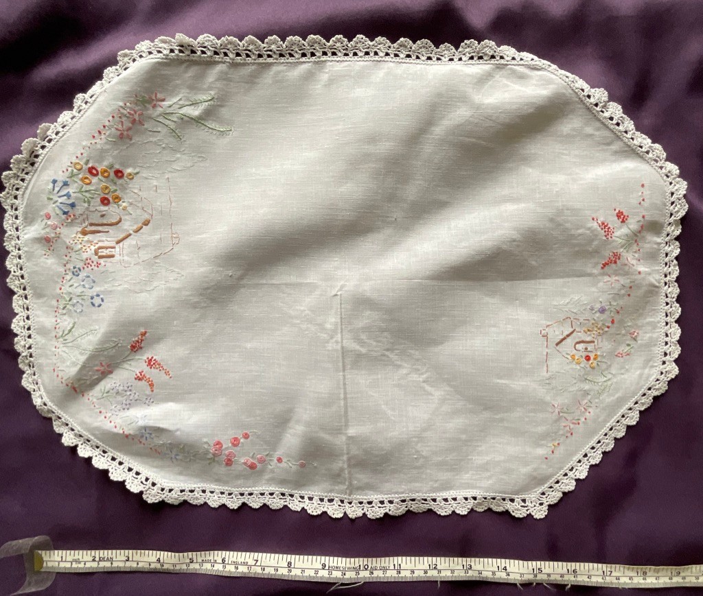 Vintage Handmade Embroidered linen doily  50 x 33   cm -  Cottage garden design