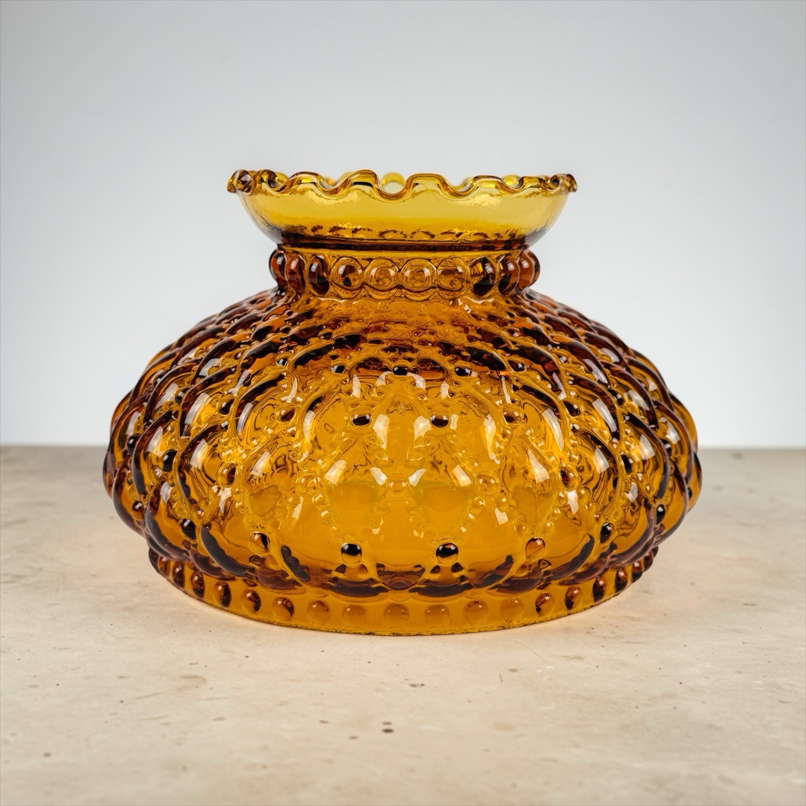 Vintage Amber Diamond Quilt Hurricane Lamp Shade Ruffled Rim 6.5”