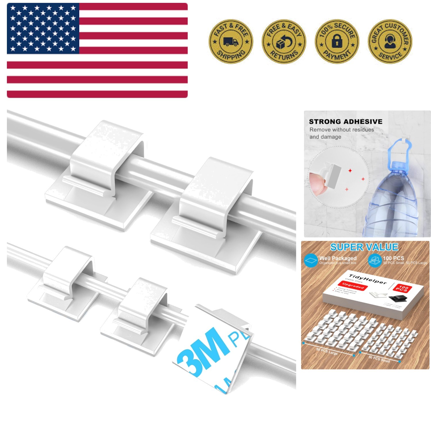 100 PCS Adhesive Cable Clips White Small & Large, Upgraded Wall Wire Holder f...