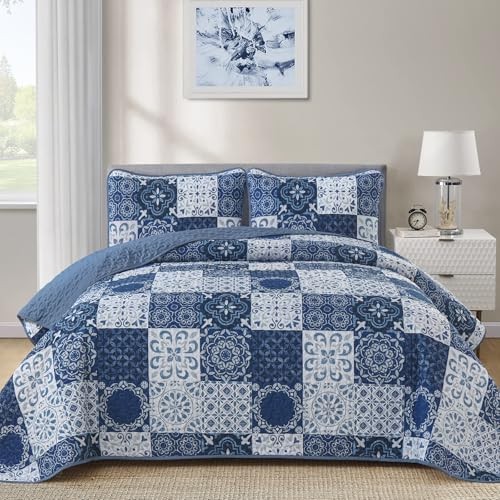  Boho Quilt Set Size Plaid Patchwork Bedspread Coverlet Set, 3 King Navy Blue