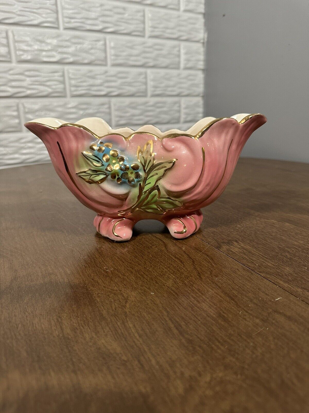 Vintage Shafer Pottery  23K Gold Trim Gold And Pink Planter