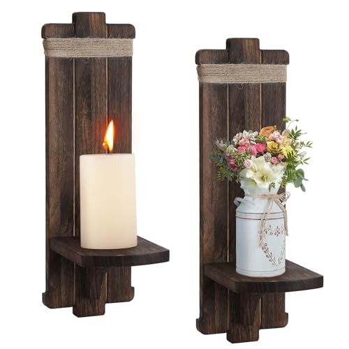 Farmhouse Wall Decor Candle Sconces - 2 Pcs Vintage Rustic Handmade Brown