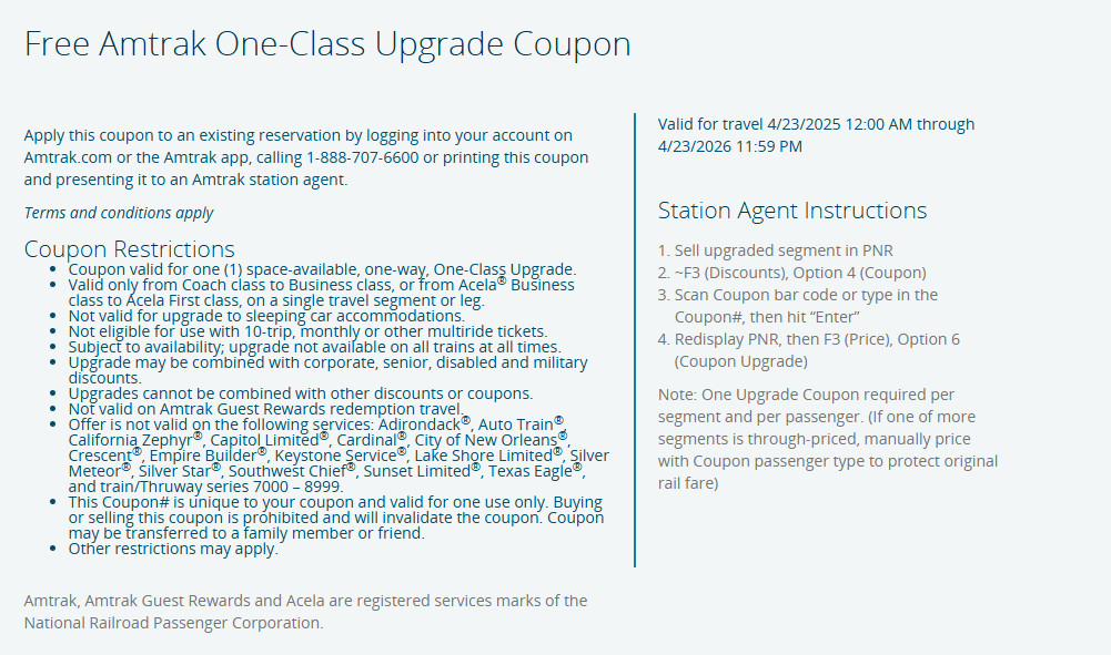 Amtrak One-Class Upgrade Coupon - 12 Hour - Good Through 04/23/26