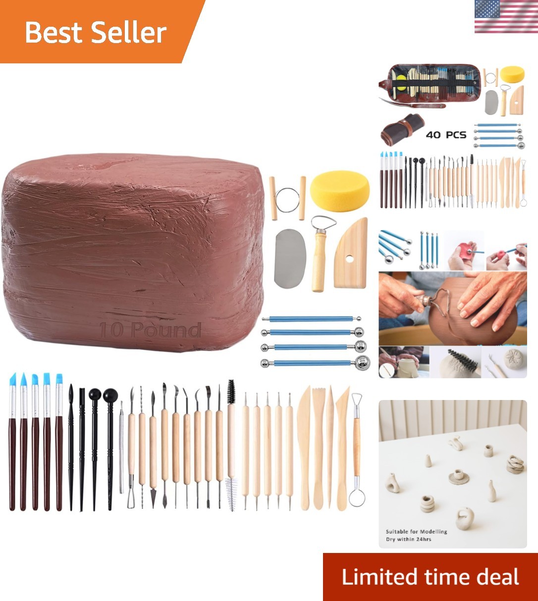 Natural Air-Dry Clay, Pottery Clay10LBs with 40 Pcs Pottery Tools Clay Sculpt...