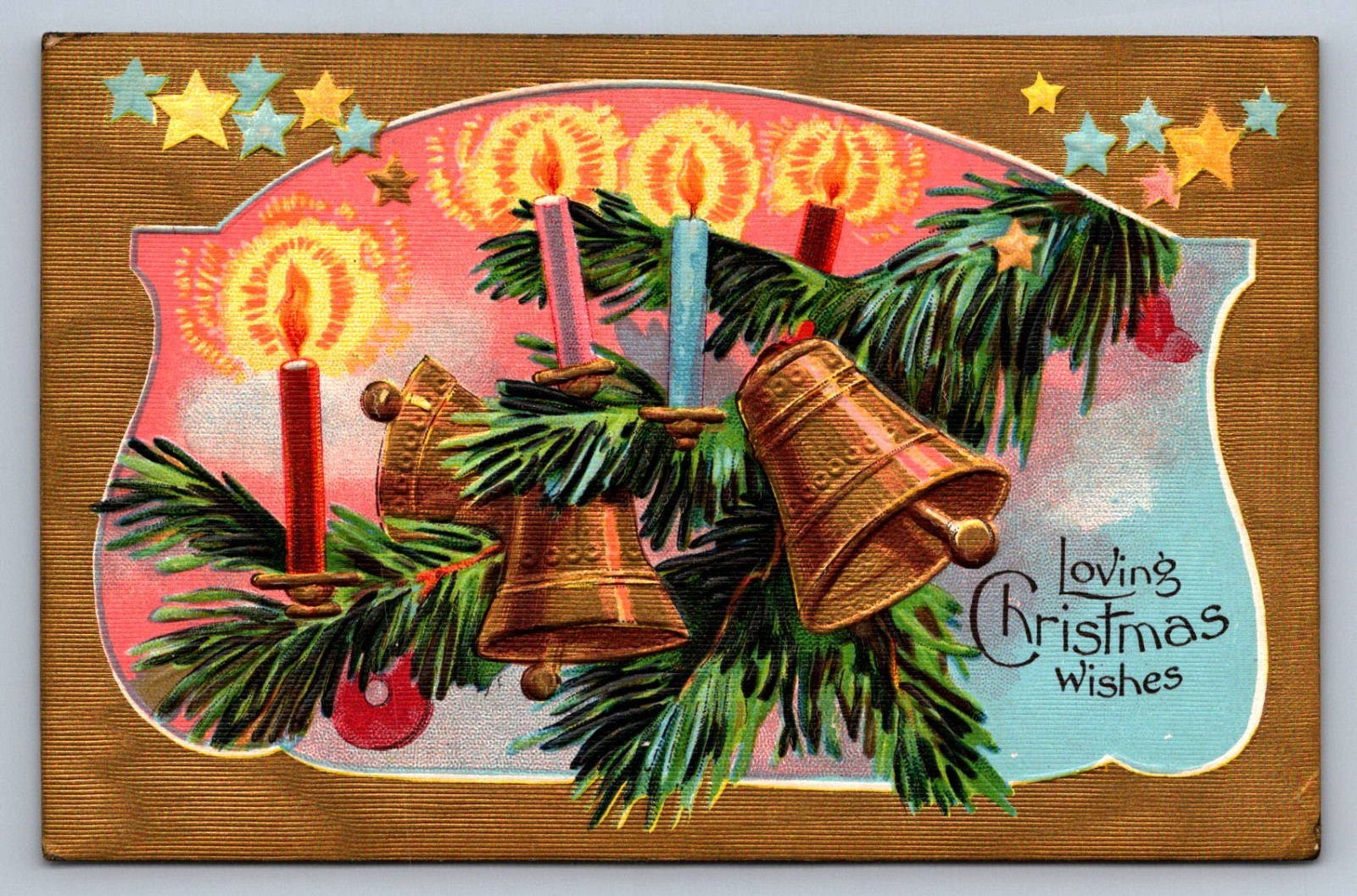 Postcard Loving Christmas Wishes Gold Bells Candles Fir Bough   O684