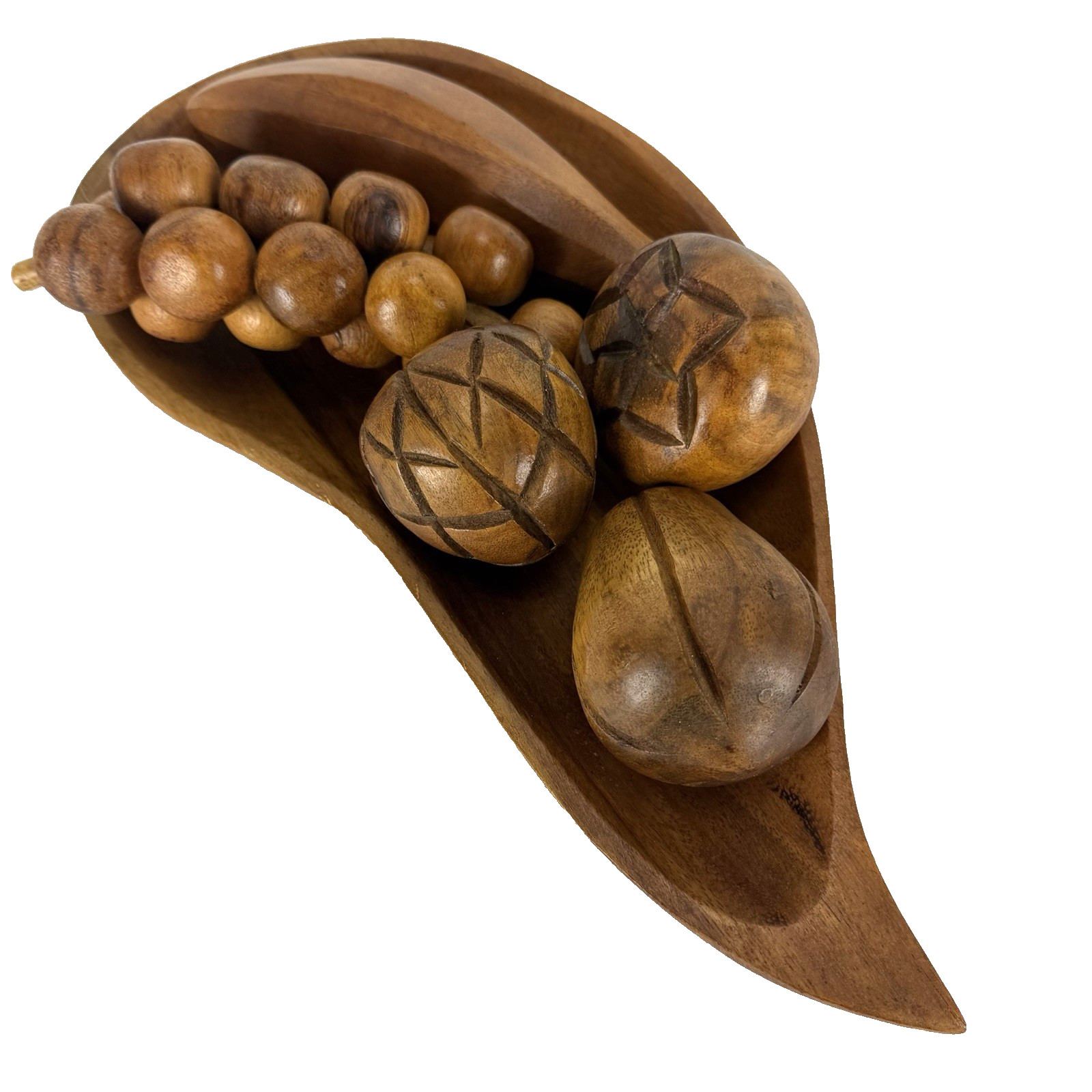 MCM Carved Wooden Fruit and Wood Tray Decor 6 Pieces Vintage