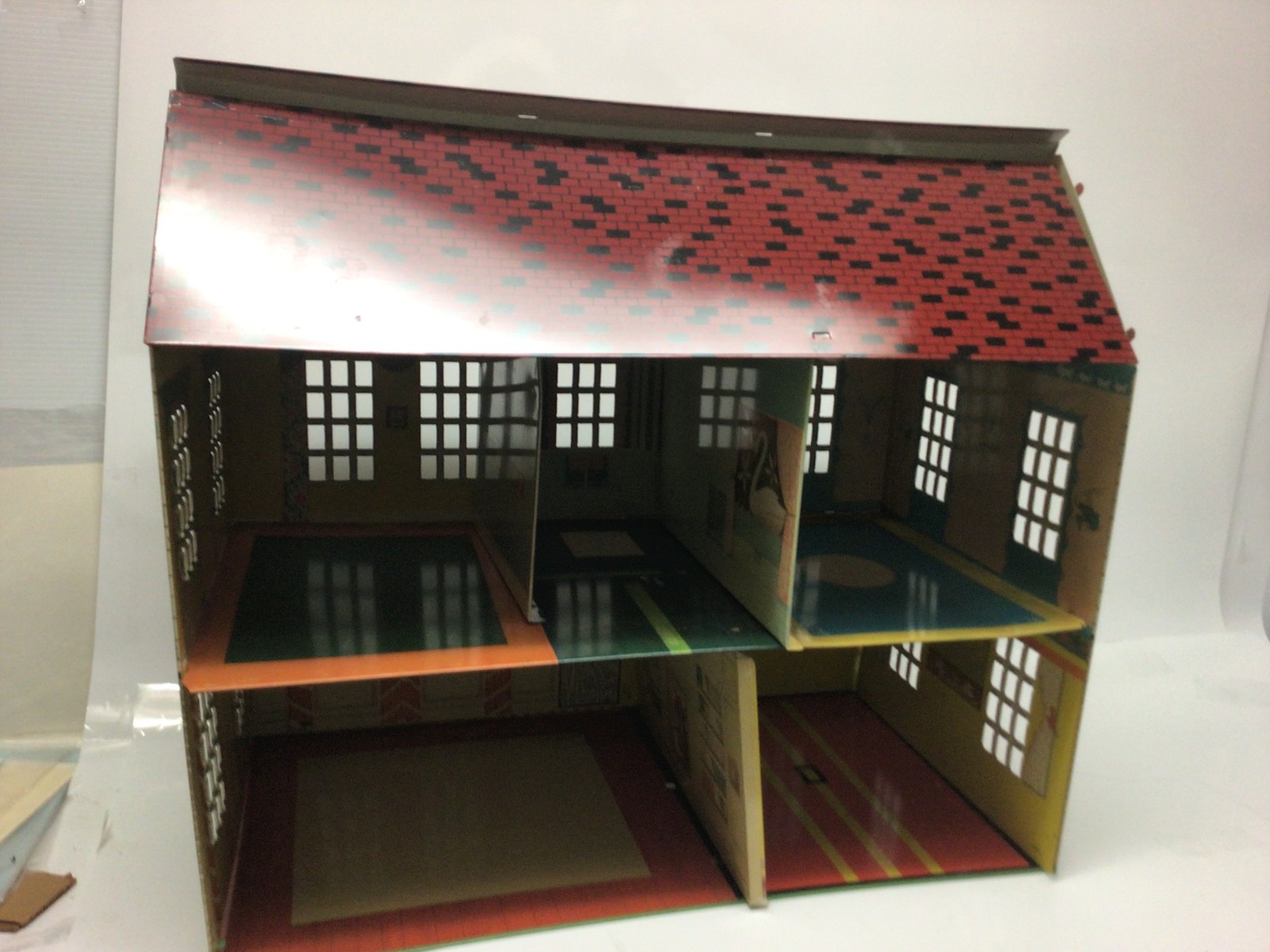 Tin Metal Dollhouse 2 Story 6 Room Mid-Century MCM Unfurnished Toys 1950s