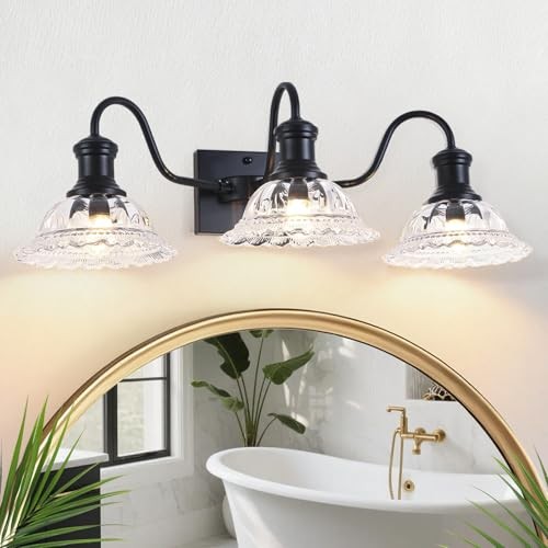 Vintage Bathroom Light Fixtures Matte Vanity Light with Flower 3-Light Black
