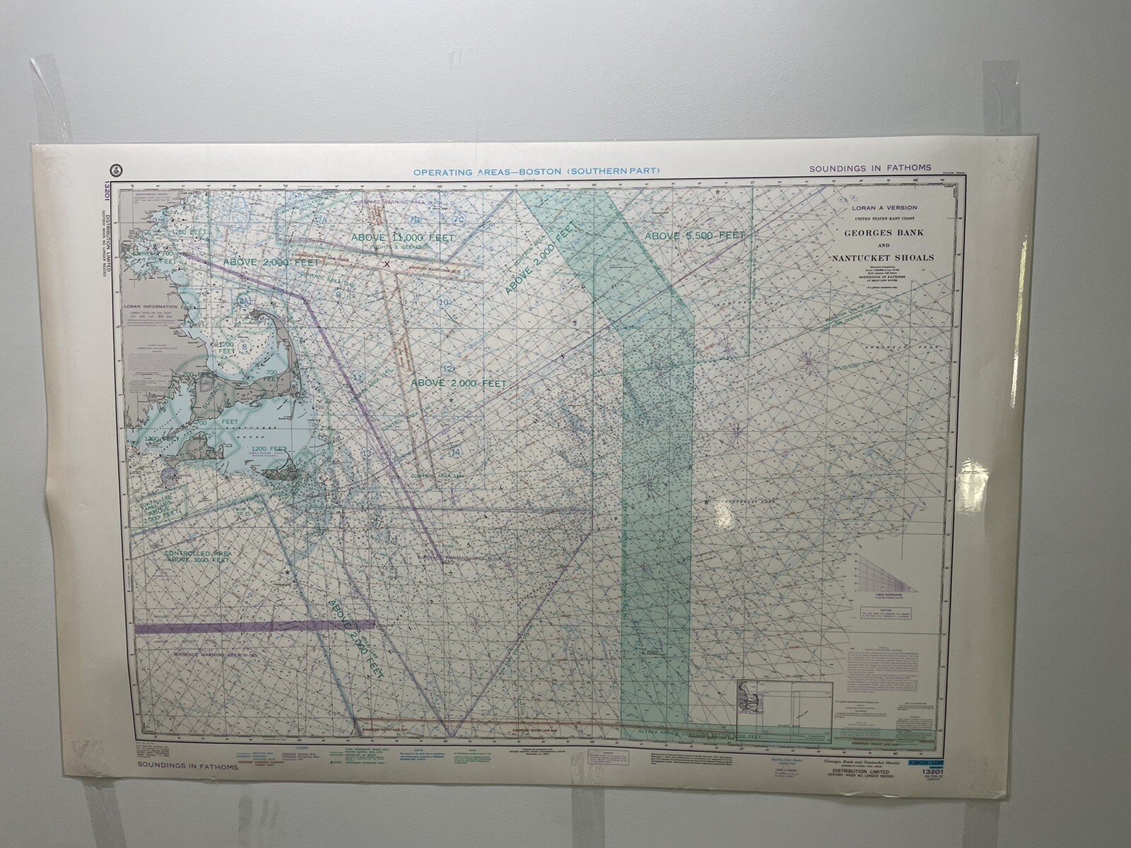 LORAN VERSION GEORGES BANK, NANTUCKET SHOALS SOUNDINGS IN FATHOMS LAMINATED MAP