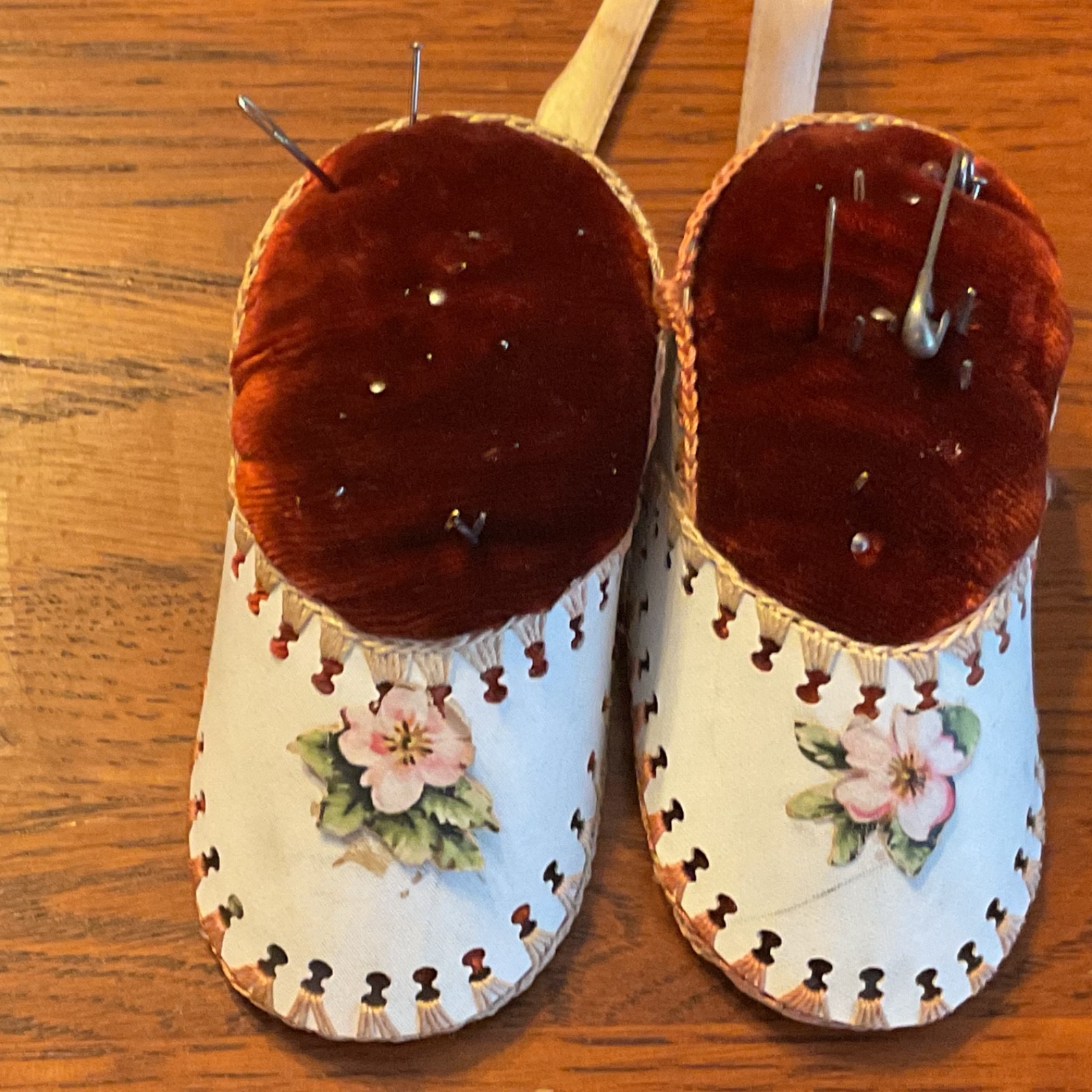 vintage sewing pin cushion Paif of Shoe Childs patent leather