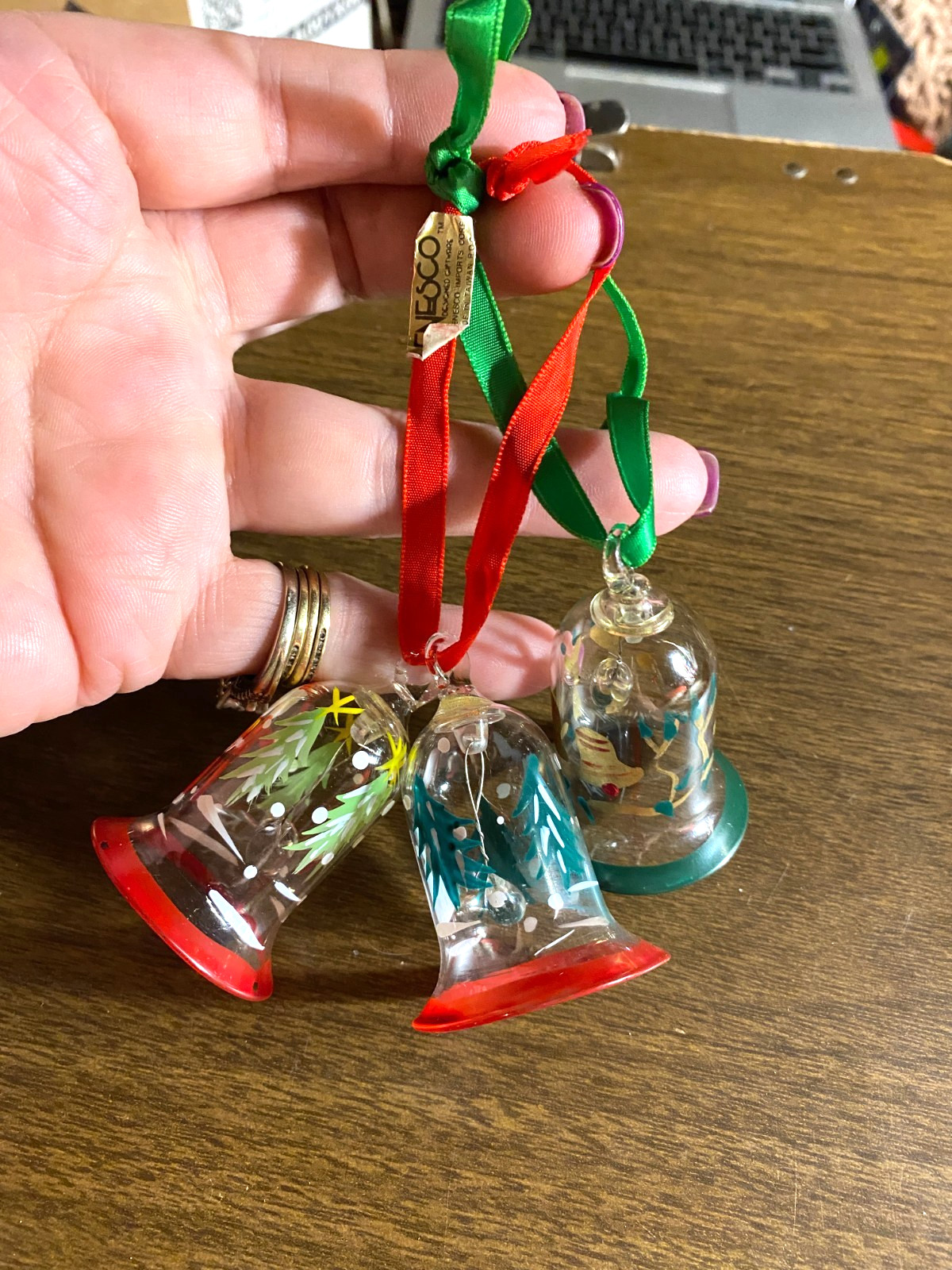Enesco 3 Bells Bell Glass Hand Painted Dangling Christmas Ornament 5"