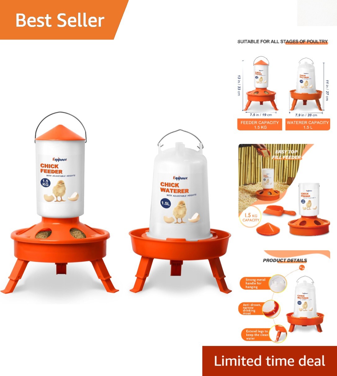 Durable Chick Feeder and Waterer Kit with 3 Adjustable Heights for Happy Chicks