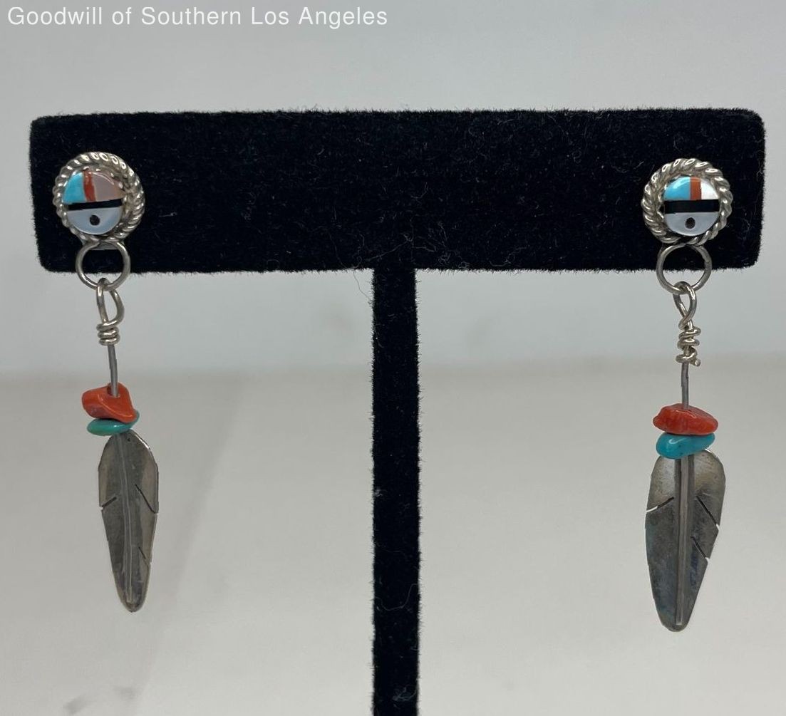 Sterling Silver Native style Drop Earrings - 2.53g