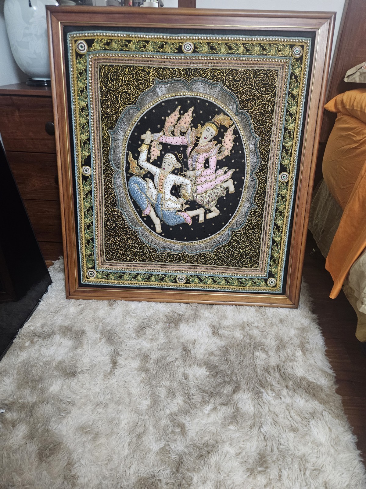 34" x 38" Vintage Burmese Kalaga tapestry Embroidery Portrait