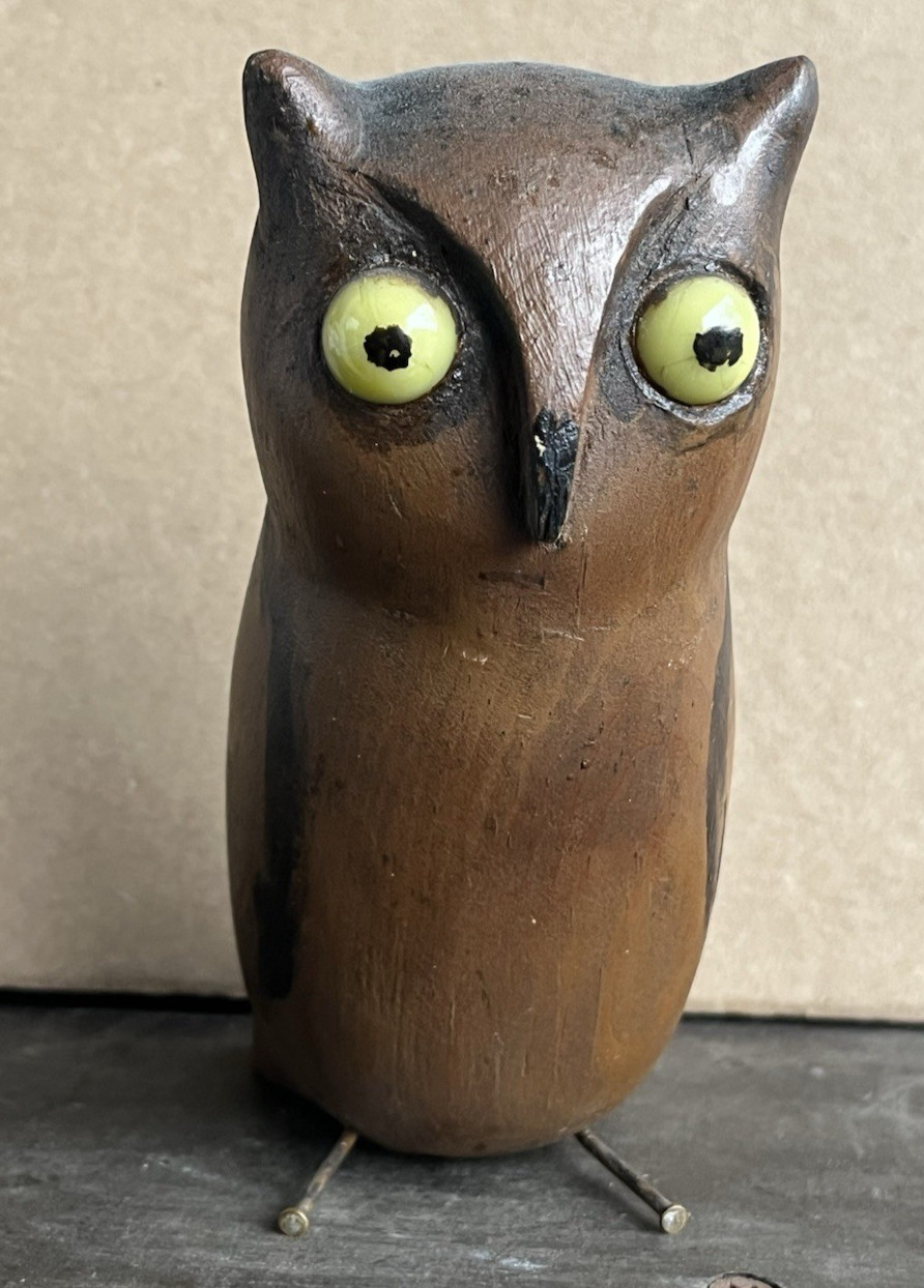 Antique Folk Art Owl Carving Decoy  1940s Wood Sculpture