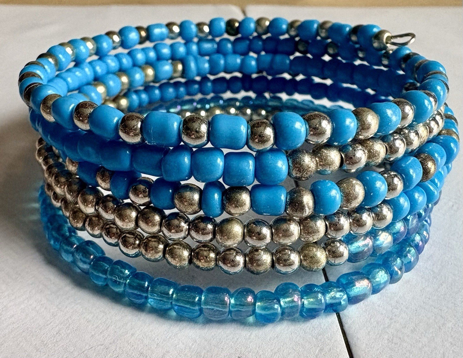 Handcrafted Blue Silver Beaded Wire Wrap Bracelet Glass Metal Stackable Bohemian
