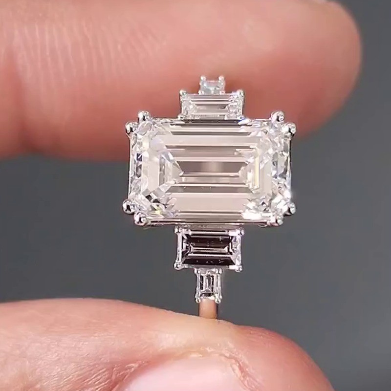 4.95CTW Emerald Cut Moissanite Five Stone Engagement Ring 14k White Gold Plated