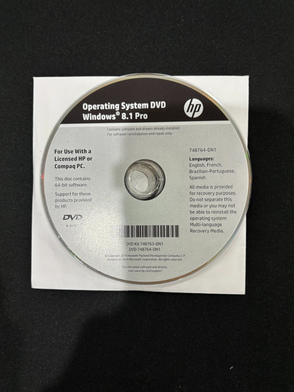 HP Windows 8.1 Pro Operating System & Driver Recovery DVD 748764-dn1