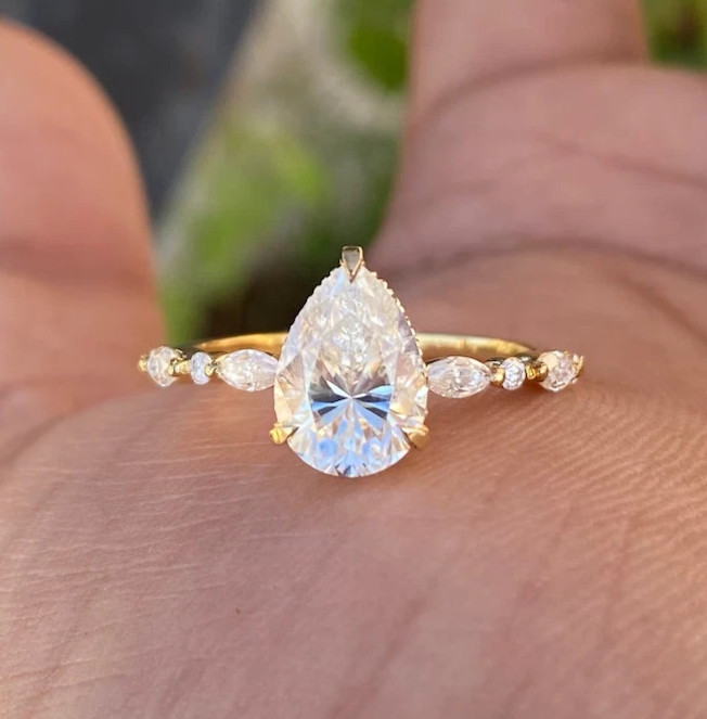 Women's Engagement Ring 14K Yellow Gold Plated 3Ct Pear Cut Certified Moissanite