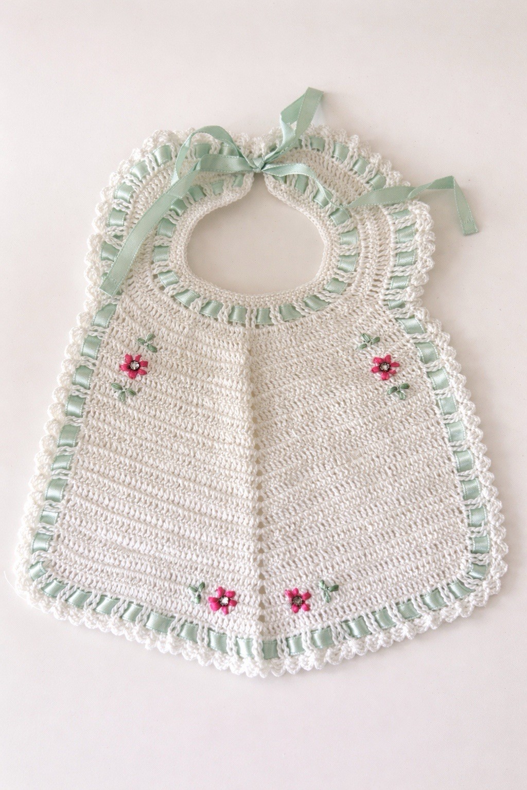 Vtg Handmade Crochet Baby Bib Mint Ribbon Rhinestone Flowers Unused