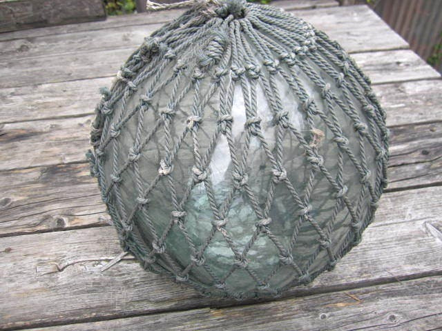 Japanese Large Glass Fishing Float Buoy Ball Net Object 32cm Vintage