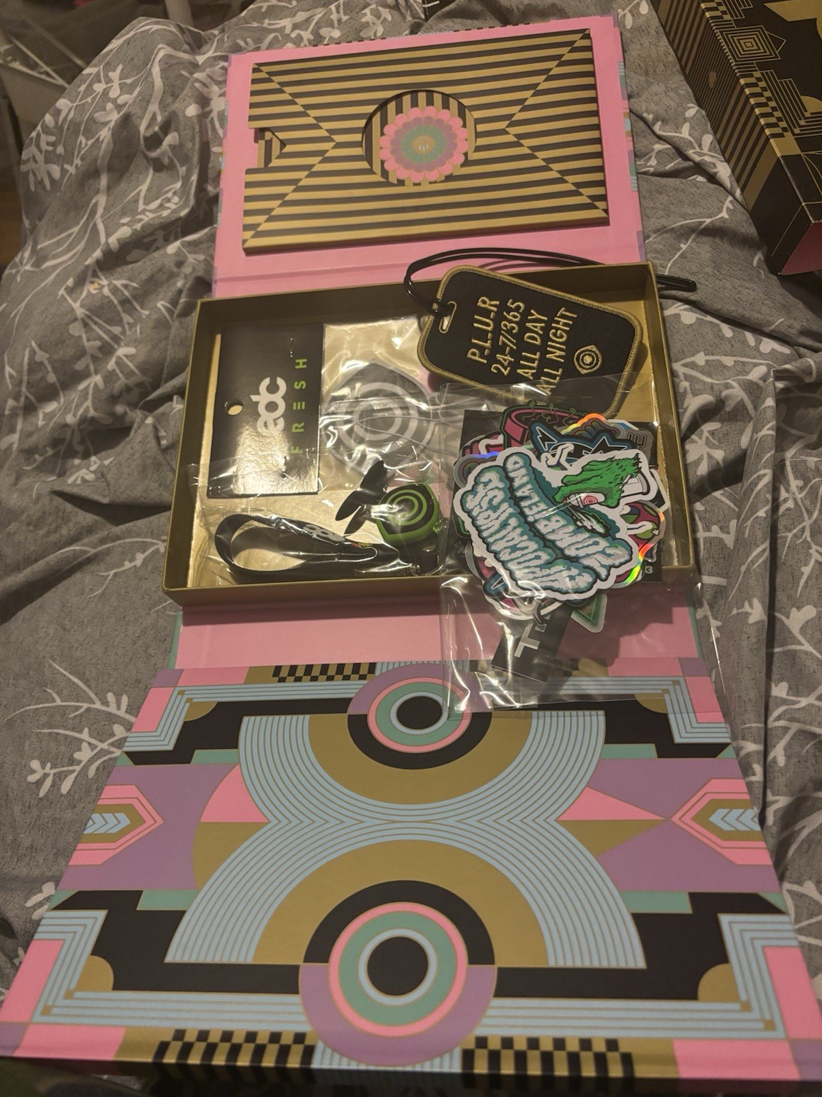 EDC Las Vegas 2025 Festival Swag Box - Book, Stickers, Luggage Tag, Keychain