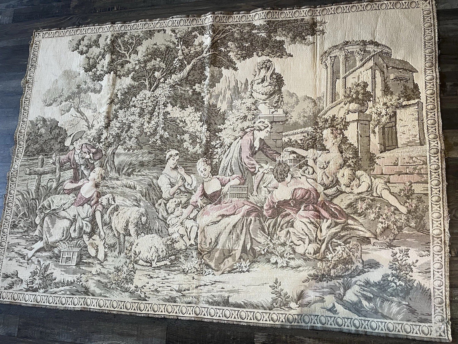 VTG Woven French Victorian Scene Tapestry  Rectangular 69’x50 Artist Signed