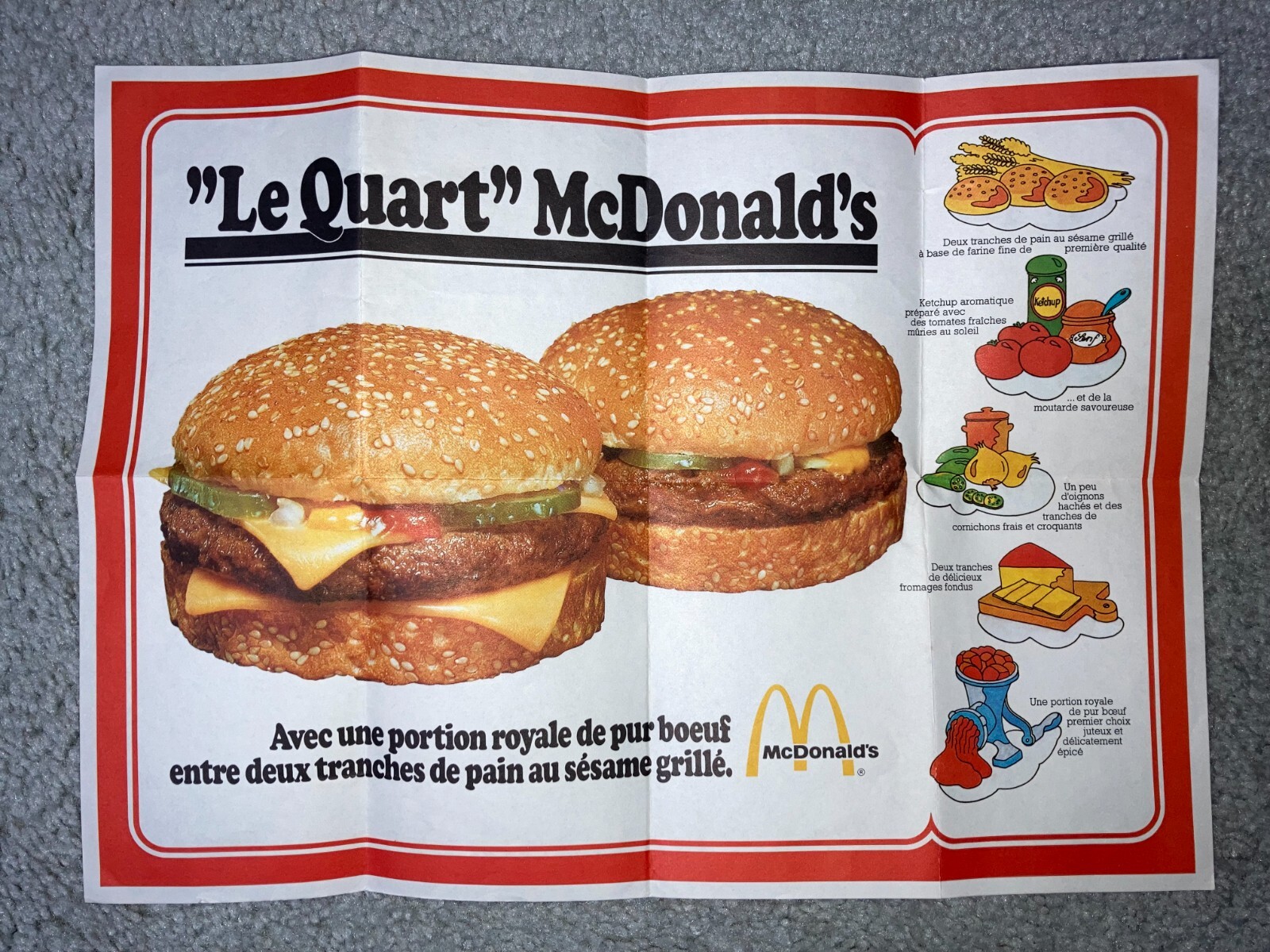 1979 France McDonald's Placemat "Le Quart" "With a Royal Portion of Pure Beef"