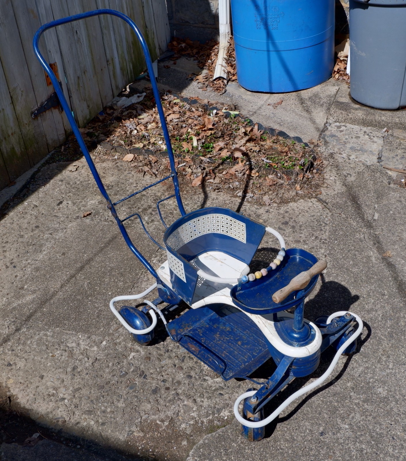 Vintage  Taylor-Tot  Baby Walker Stroller & Coaster, dk. blue and white