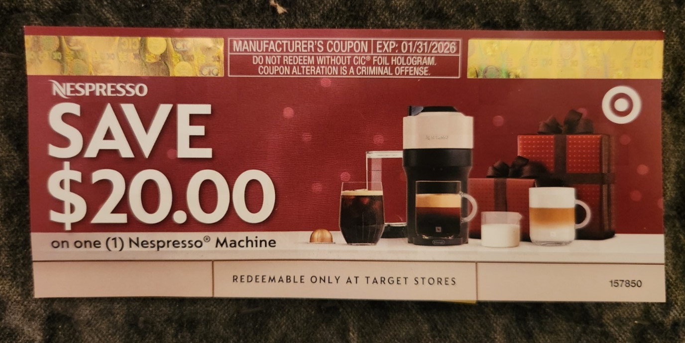 Nespresso Machine $20 Coupon (redeemable at Target)  Expires Jan 31, 2026