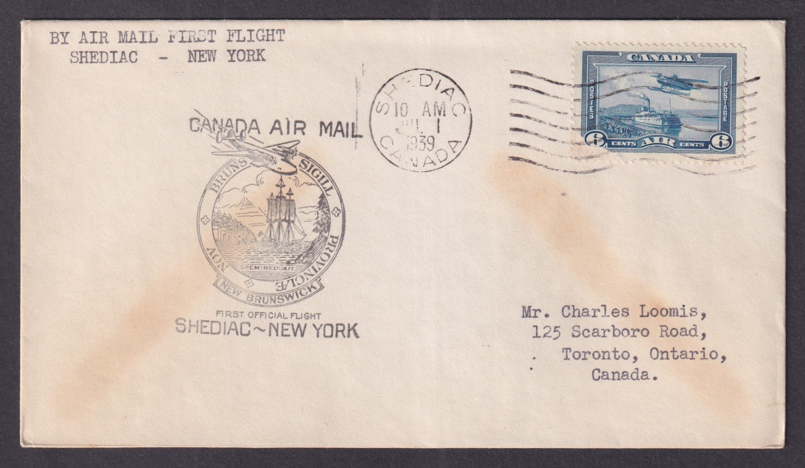 Canada 1939 Air Mail Cover First Flight Shediac New York USA
