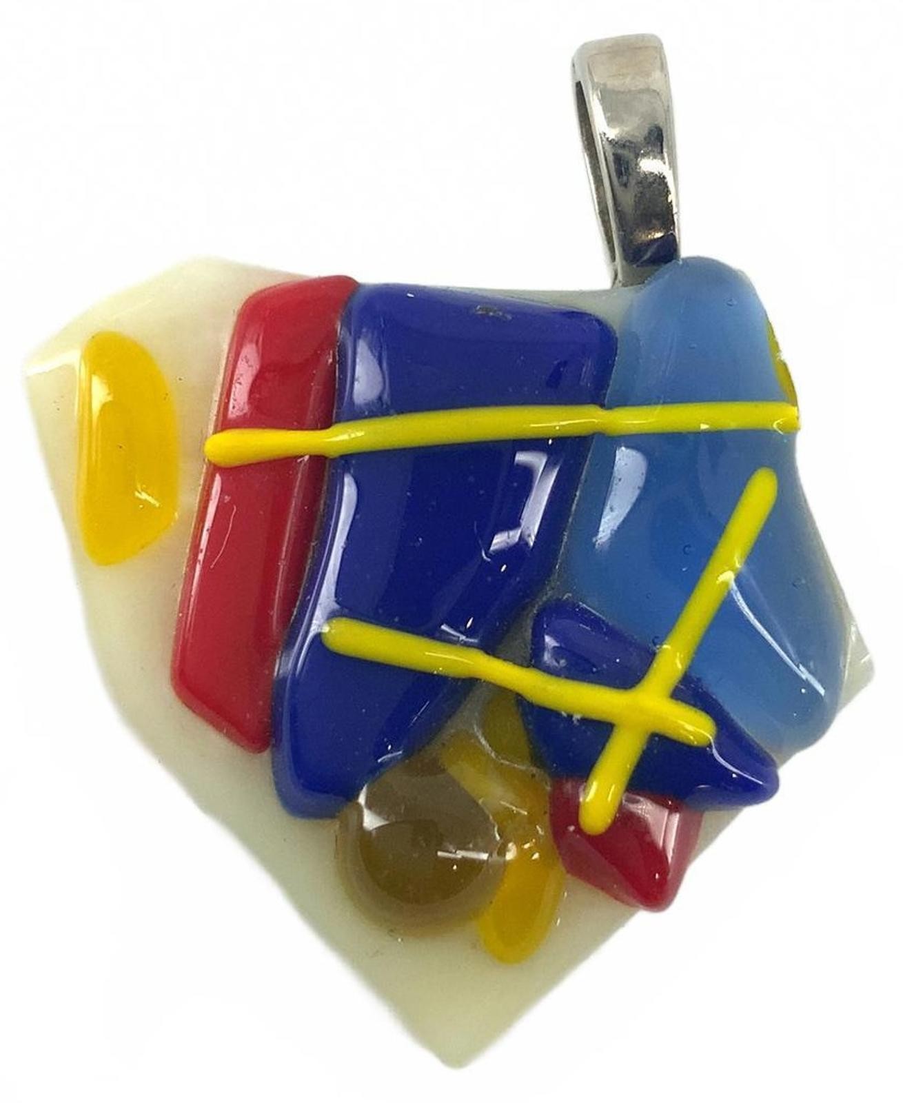 Vintage Dichroic Fused Glass Abstract Pendant Primary Colors Silver Tone Small