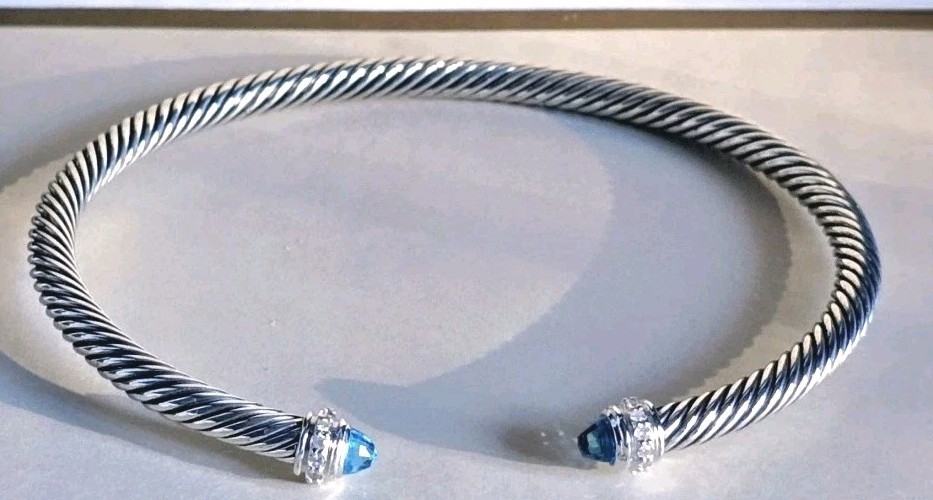 David Yurman 4 mm Cable Sterling Silver & Blue Topaz DIAMONDS  MEDIUM 