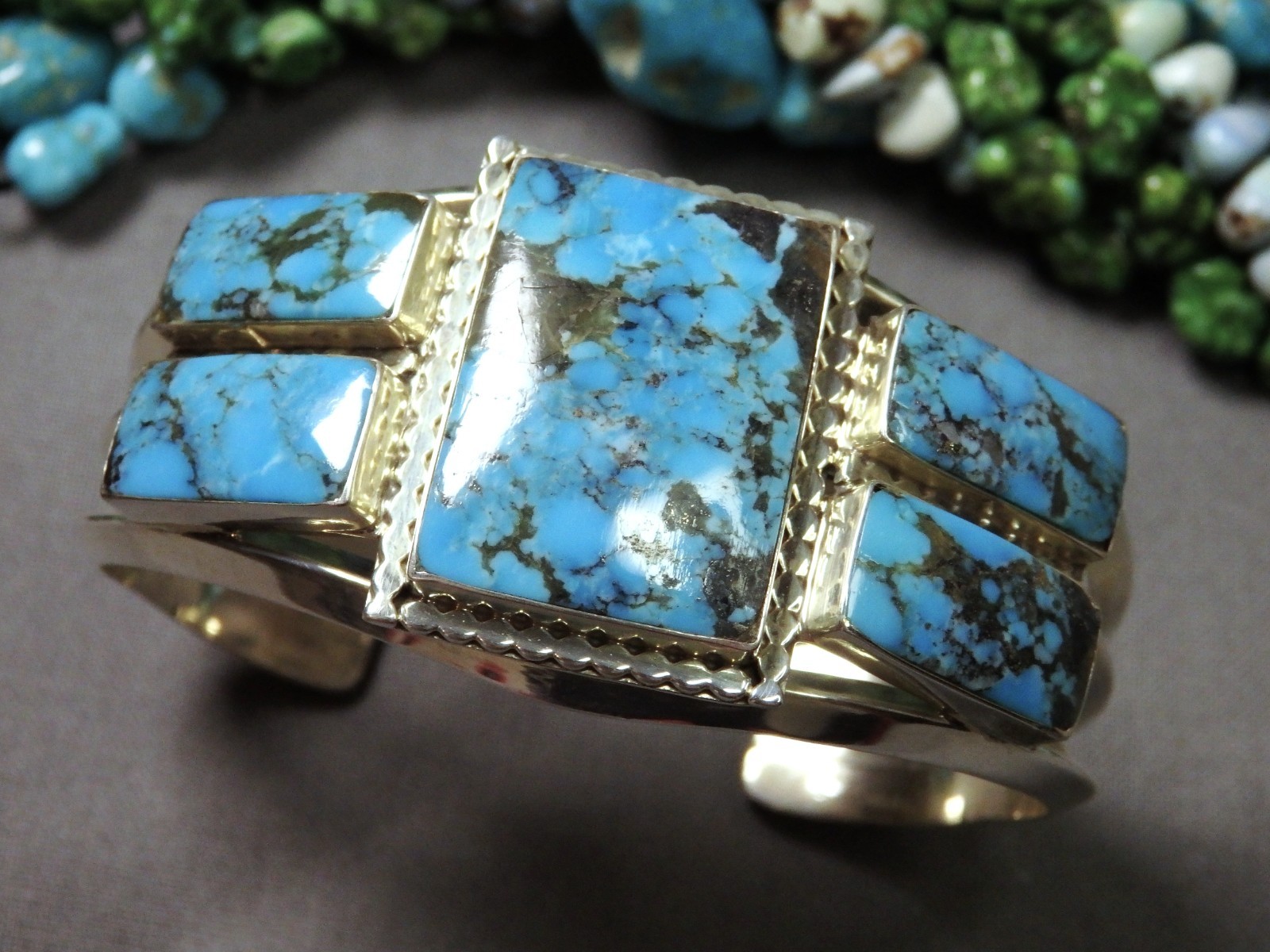 48g NAVAJO Running Bear KINGMAN TURQUOISE Sterling Silver CUFF Bracelet signed😍