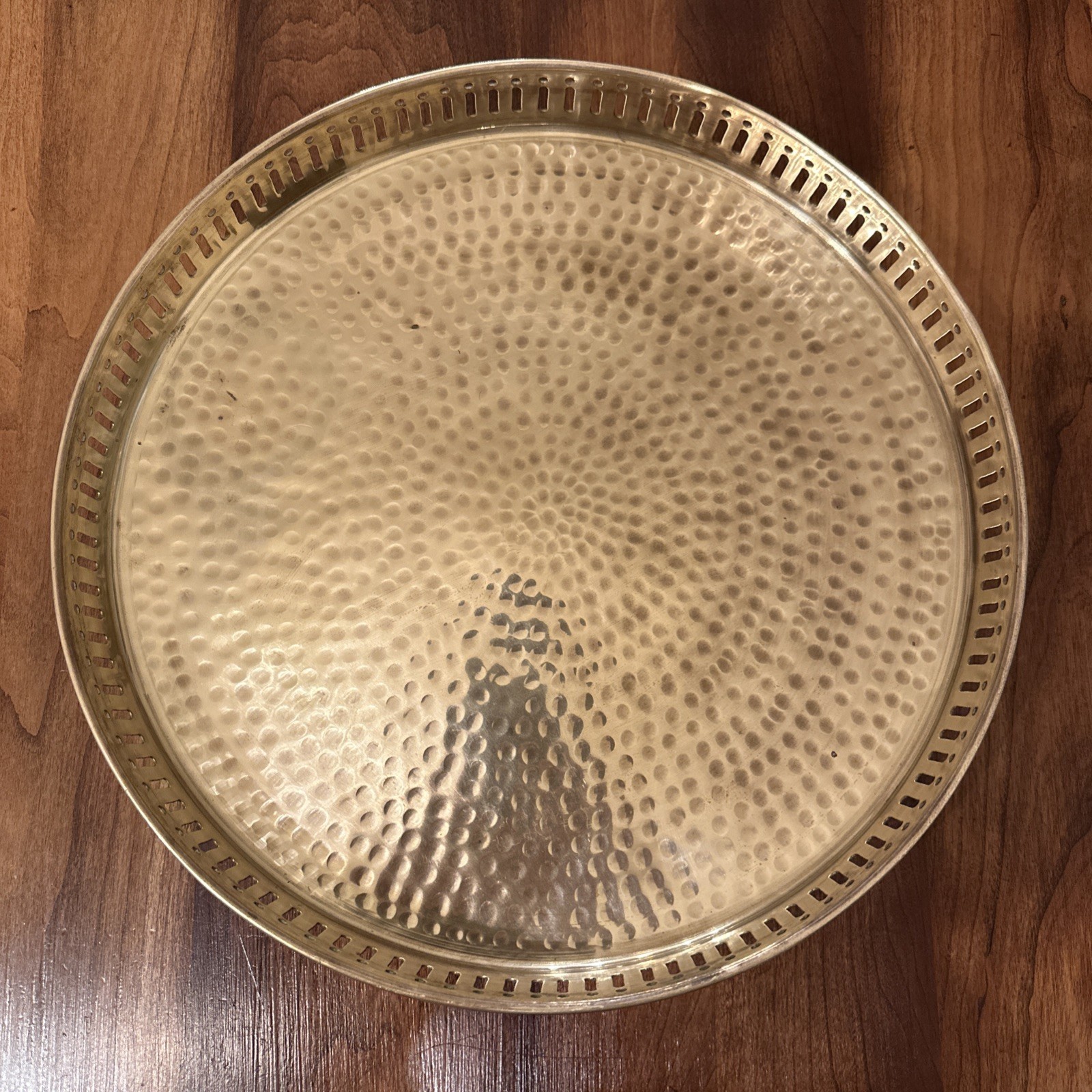 Vintage Solid Hammered Brass Round Tray Display 12” Gatco Reticulated Cut Sides