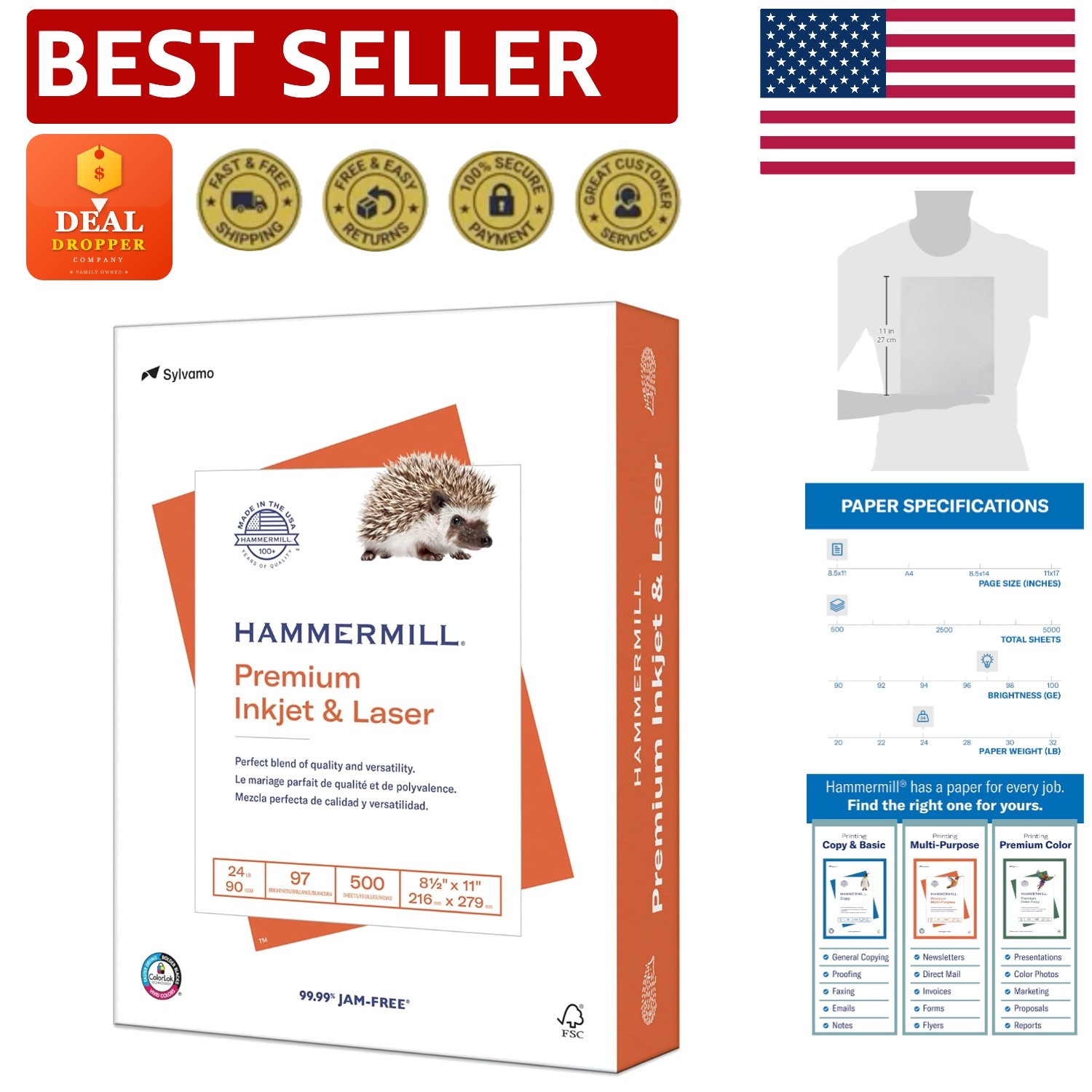 High-Quality 500-Sheet Printer Paper, 8.5x11, 24 lb, 97 Brightness, Made in USA