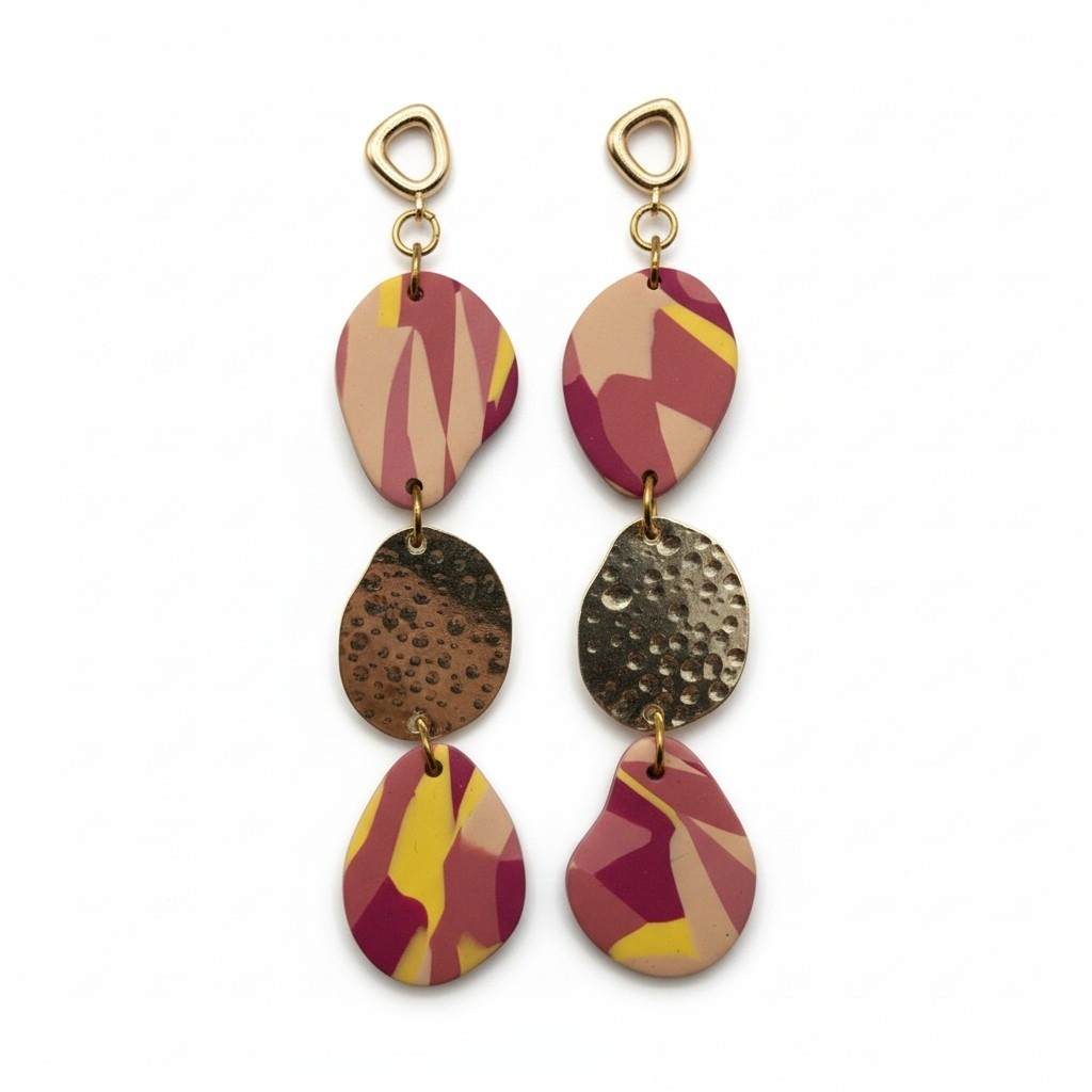 Emaloe's Thingys Handmade Clay Dangle Earrings Pink Beige Gold Tone NWT