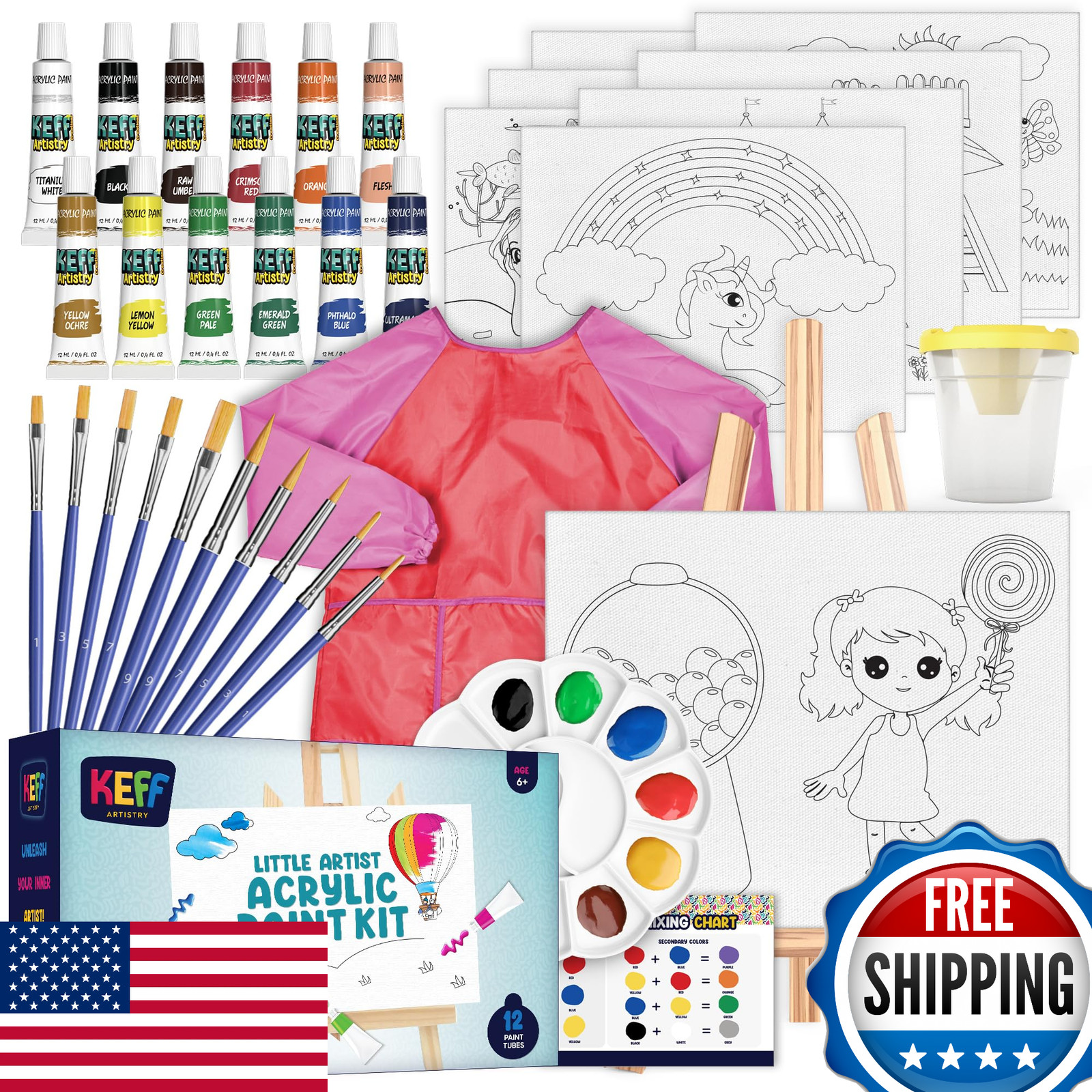 KEFF Kids Acrylic Paint Set - 32 Pcs, Non-Toxic, Washable Art Painting Kit