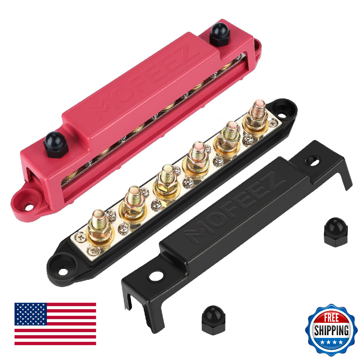 MOFEEZ Power Distribution Bus Bar 6 Post 3/8" Terminals 48V 250A Pair Red