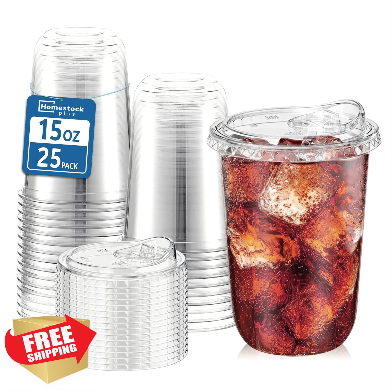 Homestockplus Clear Plastic Cups with Sip Lids, 25 Pack 15 oz Disposable