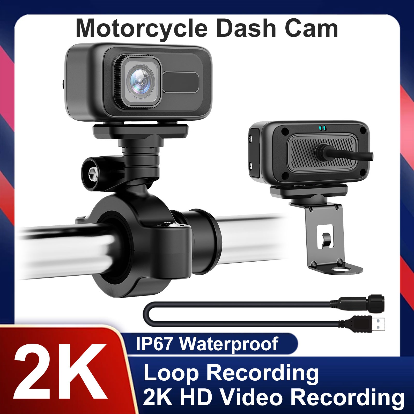Motorcycle Dash Cam 2K HD 140° Wide Angle WiFi 64GB Card 3 Brackets Waterproof