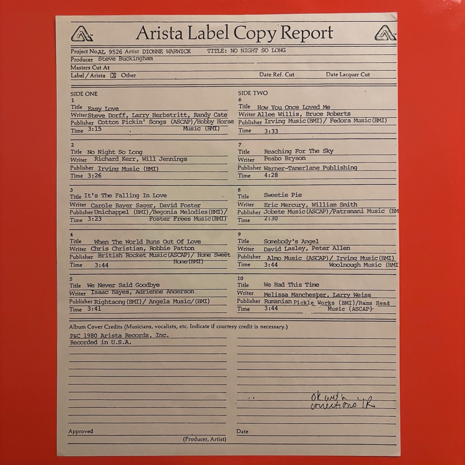 Dionne Warwick: No Night So Long vinyl LP 1980 Arista AL 9526 TEST PRESSING