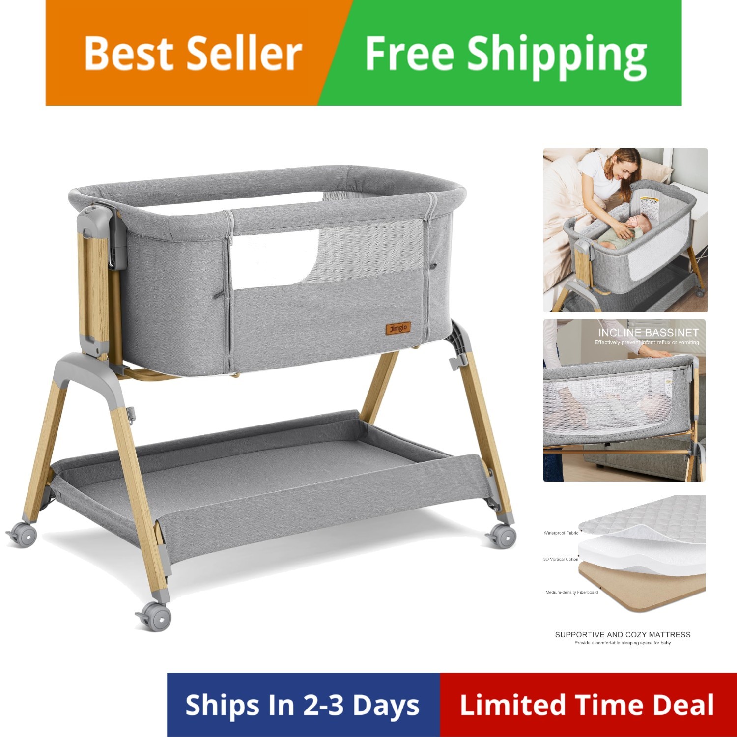 3 in 1 Baby Bassinet, Rocking Bassinets with Comfy Mattress and Wheels, Adjus...