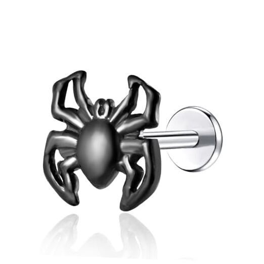 BelezaDosas G23 Titanium Labret Studs Threadless Push-in CZ Press black spider