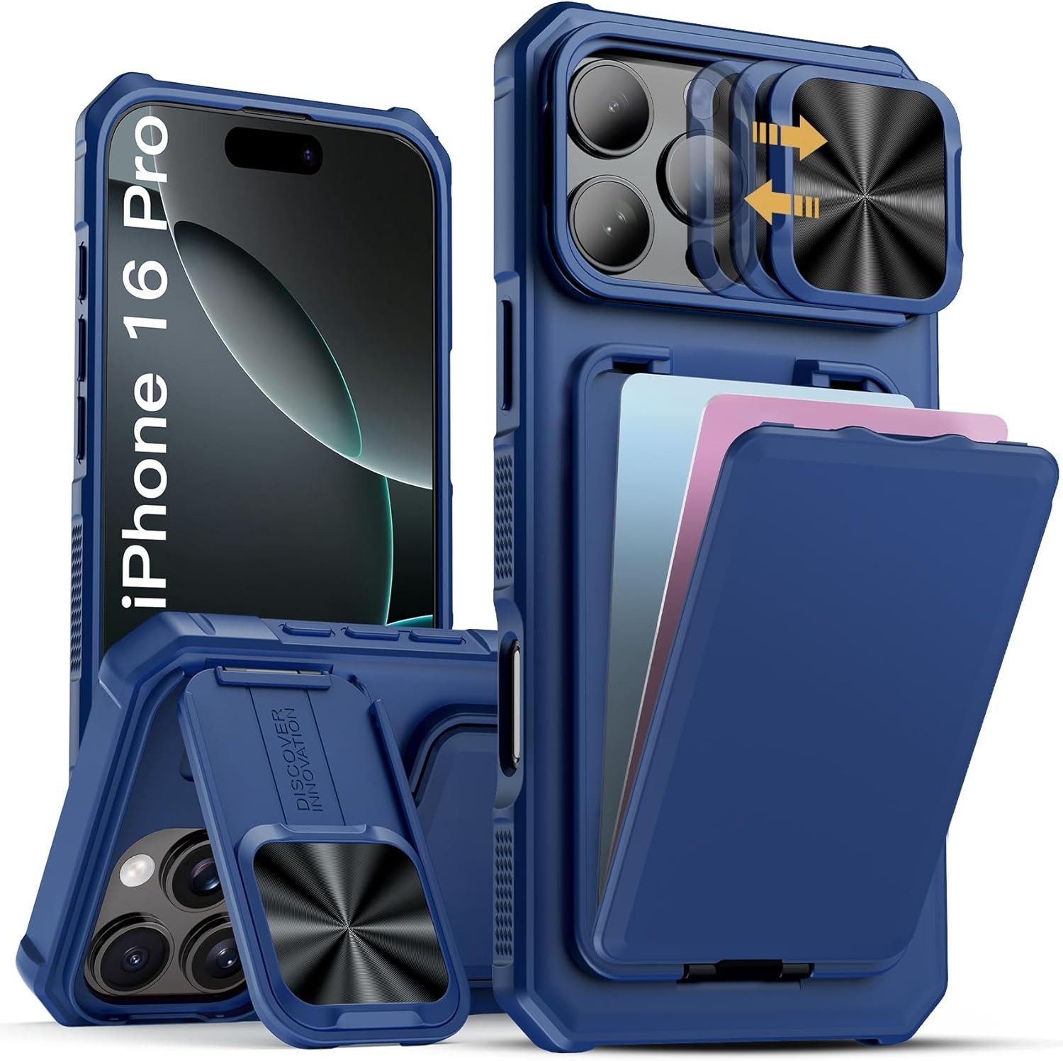 SSLOTSCASE for iPhone 16 Pro Case with Stand & Hidden Card Slot & Sliding Lens