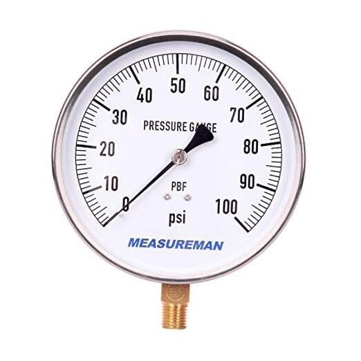  304 Stainless Steel Case,Contractor Pressure Gauge, 0-100Psi, 4-1/2" 0-100psi